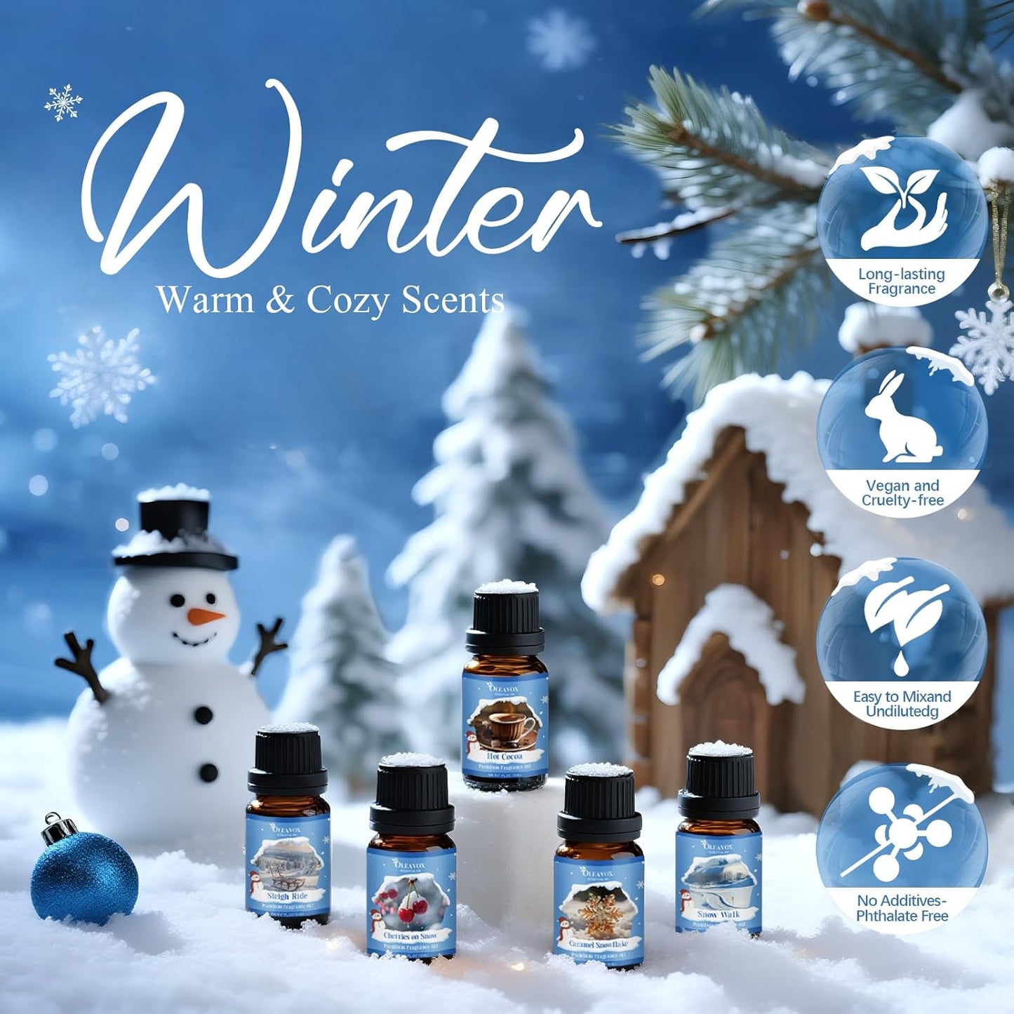 Winter Essential Oils Set, Premium Holiday Fragrance Oil for Diffusers, Scents for Candle & Soap Making,Hot Cocoa, Frosted Fir, Cashmere & Snowflakes and Sleigh Ride More 10x5ml,Aromatherapy Oils