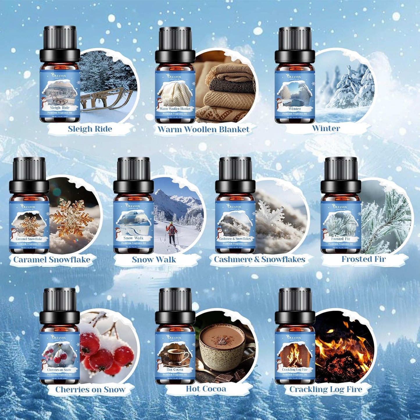 Winter Essential Oils Set, Premium Holiday Fragrance Oil for Diffusers, Scents for Candle & Soap Making,Hot Cocoa, Frosted Fir, Cashmere & Snowflakes and Sleigh Ride More 10x5ml,Aromatherapy Oils
